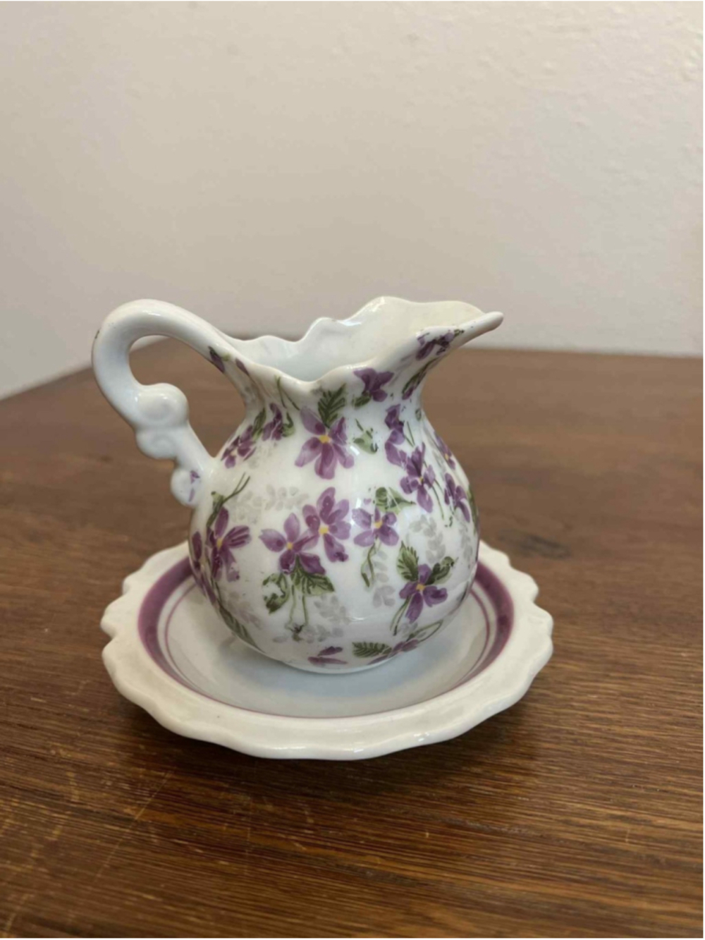 Vintage Violet Porcelain Mini Pitcher & Underplate 4982 Floral Vanity Vase Japan